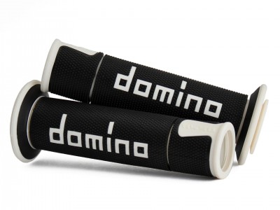 DOMINO A450 MEDIUM SOFT ROAD & RACE GRIPS BLACK / WHITE OPEN ENDED D.22mm L.126mm image