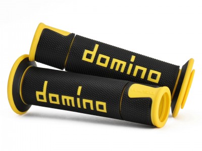 DOMINO A450 MEDIUM SOFT ROAD & RACE GRIPS BLACK / YELLOW OPEN ENDED D.22mm L.126mm image